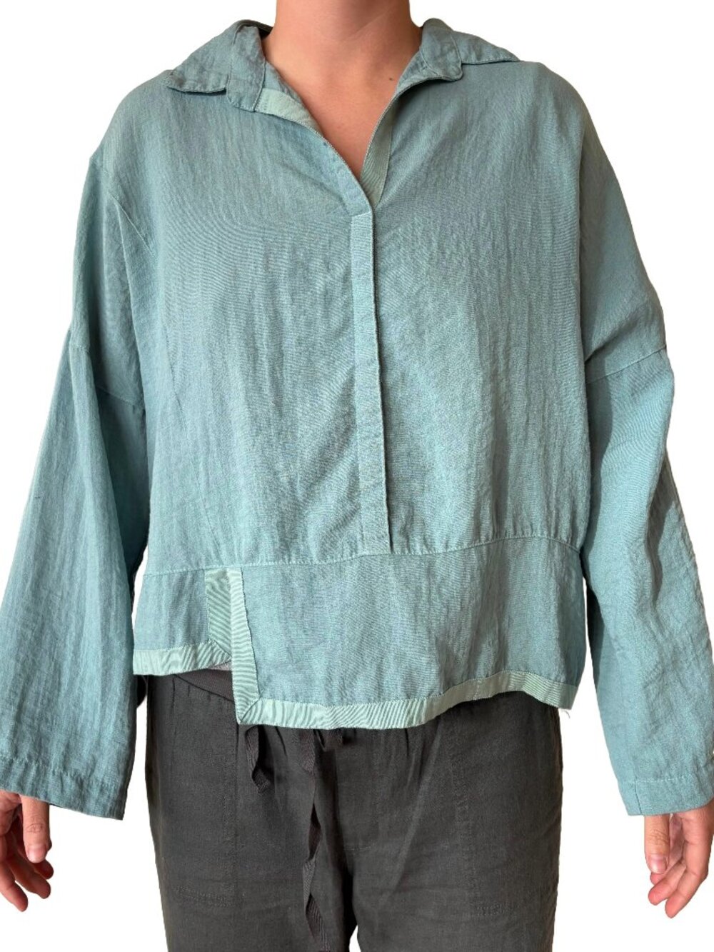Eleven Stitch Design Blue Green Teal Blouse S Large Lagenlook USA Minimalism